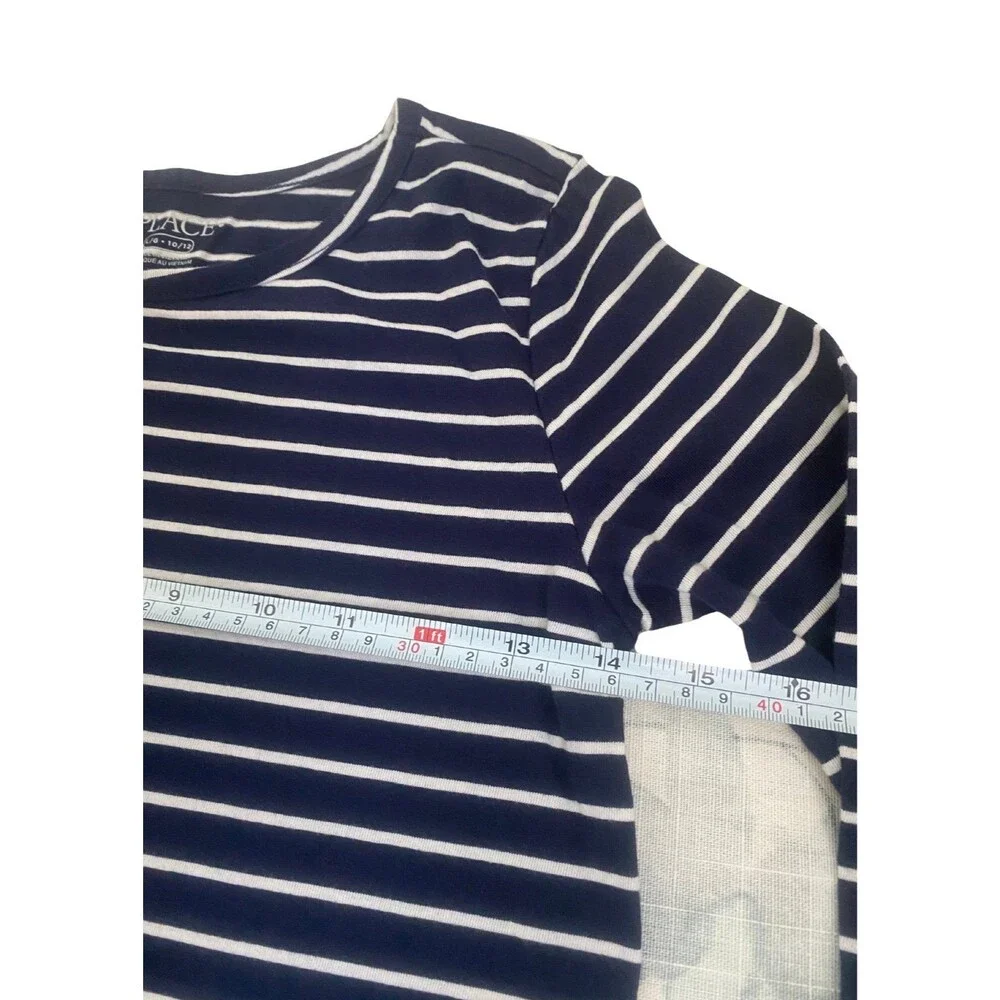 EUC The Children's Place Navy Blue White Striped Long Sleeve Tee Top Size 10/12